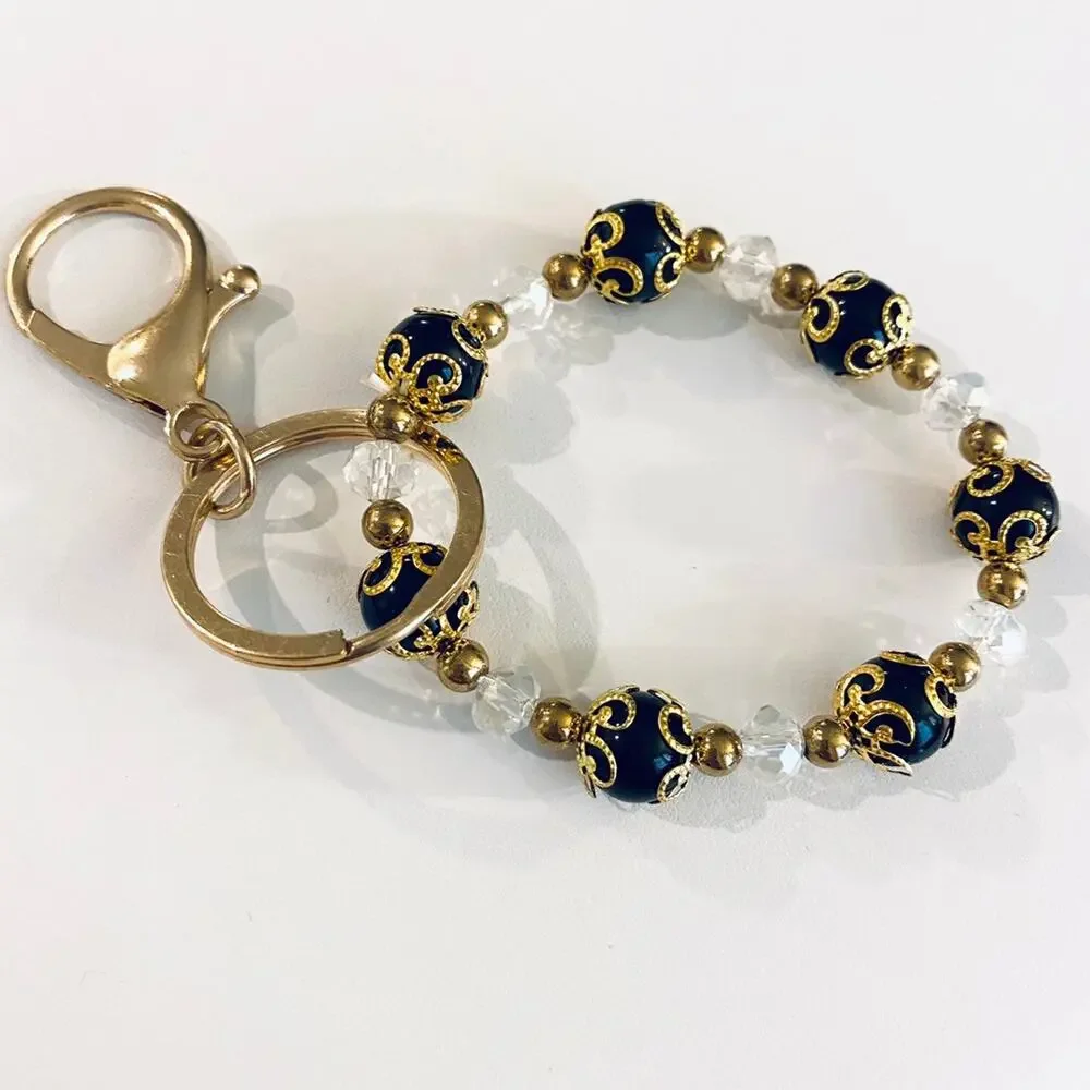 Black Glass Bead Bracelet Keyring
